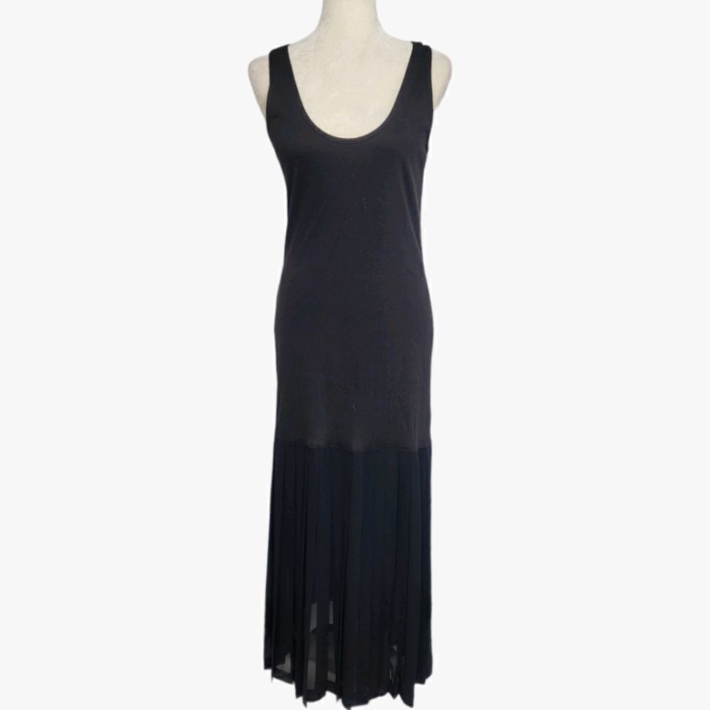 VINTAGE 90s black bias maxi‎ tank dress with sheer knife pleated panel S